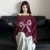 Kylethomasw Slash Neck Sweater Women Harajuku Oversized Bow Knitted Pullovers Korean Off Shoulder Knitwear Aesthetic Long Sleeve Jumpers New