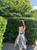 KYLETHOMASW  -  Korean Blue Plaid Camisole Dress Women's Summer Original Design Slim Paneled Irregular Dress Casual High-street Fashion Clothes