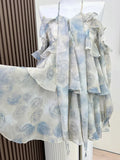 Kylethomasw 2000s Aesthetic Print Fairy Dress Ruffle Fashion Banquet Party Prom Blue Slash Neck Halter Dress Sweet Off Shoulder High Street