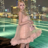 KYLETHOMASW  -  Mesh Patchwork Sling Dress Woman Shiny Sequin Low-Neck Backless Skinny Peach Hip Sweet Girls Street Elegant Mini Bodycon