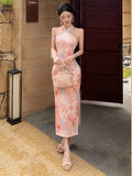 KYLETHOMASW  -  Retro Sexy Floral Chain Strapless Dress New Chinese Style Elegant Waist Cinching Slit Slimming  Sleeveless Gown