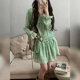 KYLETHOMASW  -  Dopamine green plaid v-neck long-sleeved shirt dress women's early spring beautiful beautiful design skirt