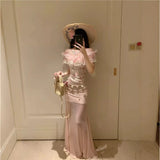 KYLETHOMASW  -  Summer Fashion Sweet Girl Ruffle Floral One Shoulder Top with Half Body Slimming Mesh Skirt