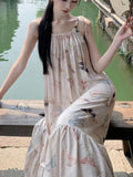 KYLETHOMASW  -  Vintage Butterfly Print Party Pleated Long Dress for Women Summer Elegant Sexy Club Beige Backless Bandage Slip Vestidos Robe