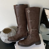 KYLETHOMASW  -  Autumn Winter Vintage Round Toe Women Knee-High Boots Designer Cross-tied Buckle Strap Square Low Heels Long Booties