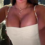 KYLETHOMASW  -  summer niche spicy girl pleated low neck bead camisole tank top, tight fitting elastic inner layer, solid color short top