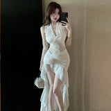 KYLETHOMASW  -  Women White V neck Sleeveless Elegant Sexy Wood Ear Edge Hanging Neck Dress 2024 Summer New Irregular Flower Dresses