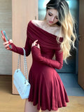 KYLETHOMASW  -  Sexy Slash Neck Short Dresses for Women Long Sleeves Slim Ruffles A-line Evening Party Dress Korean Chic Mini Vestidos Mujer New