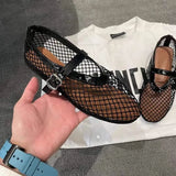 KYLETHOMASW  -  Summer Hollow Mesh Women sandals Ballet Falts Shoes Round Toe Mary Jane woemn Sandals Buckle Strap shoes Plus Size 35-42