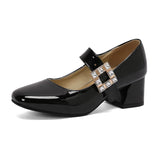 KYLETHOMASW  -  Plus Size 48 Women Patent Leather Mary Jane Shoes Sparkly Crystal Rhinestone Burgundy White Block Heel Pumps Party Shoe