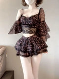 KYLETHOMASW  -  French Elegant Floral Lace 2 Piece Set Women Layered Ruffle Crop Top High Waist Mini Skirt Slim Fit Party Date Night Outfit