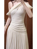 KYLETHOMASW  -  Elegant White One-Shoulder Dress Women's Summer New Beach Vacation High Waist Long Dress French Style Short Sleeve City