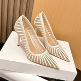 KYLETHOMASW  -  Fashion Mesh Women's Pumps New Pointed Toe Stiletto Slip-on Stripe Totem Female Sandals Classics Shallow Summer Ladies Shoes