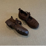KYLETHOMASW  -  Matte Leather Mary Jane Sports Casual Shoes Women Thick Bottom Strap Brown Simple Laced Low Cut Single Shoes Leisure Footwear