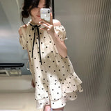 KYLTHOMASW  -   Sweet and Cute Girl's Polka Dot Off Shoulder Princess Doll Dress Summer New Chic Bubble Sleeve Loose A-line Midi Dress for Women