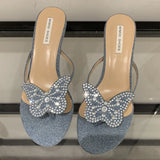 Kylethomasw Rhinestone Butterfly Decoration Women Slippers Summer New Clip Toe Thin Heel Women Pumps Elegant Designer Party Women Slide Shoe