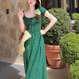 KYLETHOMASW  -  Green Floral Print Long Dresses Spring Summer French Style Vintage Women Dress Elegant Fashion Spring Summer Vestidos Mujer