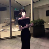 KYLETHOMASW  -  Elegant Black One-Shoulder Dress Women's Slimming Summer Fashion High-Cold Style Cleanfit High-Waist Polyester Cotton Blend