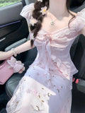 KYLETHOMASW  -  French Style Elegant Party Strap Long Dress Women Beautiful 3D Floral Spaghetti Dresses Seaside Vacation Pink Fitted Outfits New