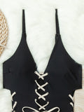 KYLETHOMASW  -  Women‘s Color Block Tie Front One Piece Swimsuit Sexy Cutout Bathing Suit with Adjustable Straps Bandage Bodysuit Female