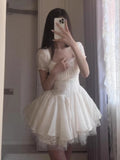 KYLETHOMASW  -  French Sweet Style Lace Puff Sleeve Elegant Dress Women Y2k Cute Bow Design Summer Dress Fashion Female Princess Party Dress New
