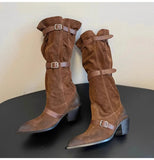 KYLETHOMASW  -  Vintage Pleated Belt Buckle Faux Suede Women Knee High Boots Autumn Winter Fashion High heels Western Cowboy Knight Boots Shoes