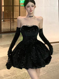 KYLETHOMASW  -  Sexy Black Velvet Womens Dresses Y2K Strapless Birthday Party Mini Dress Korean Slim Waist A-Line Short Vestidos Female Clothing