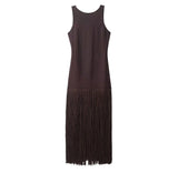 KYLETHOMASW  -  Sexy Solid O-Neck Sleeveless Backless Hollow Out Tassel Maxi Dress Women Summer Bodycon Zipper Long Dress Club Beach