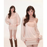 KYLETHOMASW  -  Blush Pink Two Piece Outfit Off Shoulder Cowl Neck Ribbed Knit Mini Dress with Sequin Cami Top Layered Co-ord Set Sweet Sexy Hot