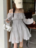 KYLETHOMASW  - Women 2024 Summer New Gray Elegant Ruffles Lace-up Pleated Mini Dress French High Waist Long Sleeves Vacation Short Dress Simple