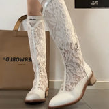KYLETHOMASW  -  Designer Lace Hollow Out Women Knee High Boots Fashion Skinny Thick Heels Shoes Summers Ladies Breathable Long Booties