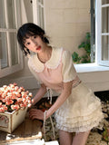 KYLETHOMASW  -  Cream Ballet Cake Skirt+Knitted Short Sleeve Top 2023 Summer Sweet Set