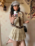 KYLETHOMASW  -  Sweet Vintage Lolita Plaid Mini Dress Women Bowknot Heart Button Lace Trim High Waist Pleated Skirt Kawaii Japanese Daily Outfit