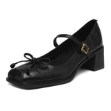 KYLETHOMASW  -  Butterfly-knot Elegant Shallow Mouth Women Pumps 2025 Mary Jane Fashion Square Toe Metal Buckle Thick Heel Dress Ladies Footwear