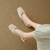 KYLETHOMASW  -  Woven Square-toed High-heeled Sandals Summer Fashionable Skeletonized Leather Fabric Mid-heel Shoes Zapatillas De Mujer