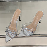 KYLETHOMASW  -  Elegant Pointed Toe Red High Heels Transparent Slippers Women Leather Bowknot Designer Sandal Summer Party Dress Shoes