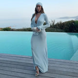 KYLETHOMASW  -  European American Autumn New Women's Clothing Sexy Solid Deep V-neck Button Slim High Waist Long Sleeve Dress for Women