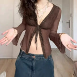 KYLETHOMASW  -  Retro V-neck lace border cardigan hot and spicy light cooked style thin cut see through long sleeved sunscreen jacket