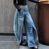 KYLETHOMASW  -  Women Y2K Street Creative Denim Jeans Arrival Layering Solid Color Wide Leg Long Denim Trousers Loose Fit Ladies Casual Pants