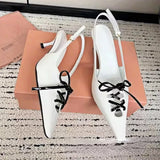 KYLETHOMASW  -   Designer High Heels Women Pointed Lace-up Slingback Sandals Female Patent Leather Stiletto Heels Bow Low Heel Muller Pumps Women