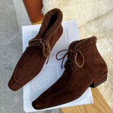 KYLETHOMASW  -  Autumn Winter Lace Up Short Fluffy Warm Women's Ankle Boots Comfort Square Toe Chunky Suede Short Boots Low Heels Party Shoes
