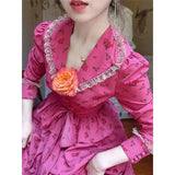 KYLETHOMASW  -  Rose Red Floral Dress Autumn Long sleeved French V-neck Waist Cinched Slimming Lotus Leaf Edge Large Swing Long Dress for Women