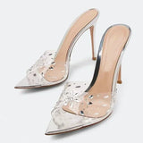 Kylethomasw Summer Sexy Transparent Rhinestone PVC Open Toe Fine High Heel Slippers Designer Luxury  Big Size 42 Party Prom Slide Sandalsta