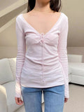 KYLETHOMASW  -  Lace Trim Pink Long Sleeve T-shirt Spring Sexy Bandage V-neck Cotton Slim Tshirt Top Casual Simple Sweet Cute Woman's Tees New