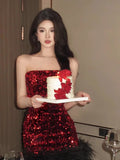 KYLETHOMASW  -  Korean Women Silver Red Patchwork Sequin Elegant Sexy Sleeveless Strapless Short Dress Summer Backless Party Wrap Hip Mini Dress