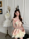 KYLETHOMASW  -  Sweet Coquette 3D Floral Applique Mock Two Piece Princess Dress Women Fairycore Pink Bowknot Puffy Birthday Party Gown Outfits