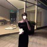 KYLETHOMASW  -  Elegant Black One-Shoulder Dress Women's Slimming Summer Fashion High-Cold Style Cleanfit High-Waist Polyester Cotton Blend