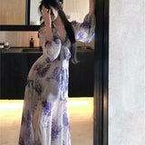 KYLETHOMASW  -  High-end Purple Floral Dress Women Elegant Lace-up Split Mid Long Dresses Spring French Temperament Slim Vestidos 862P