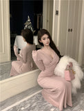KYLETHOMASW  -  Sweet Hot Girl Sexy V-neck Twisted Dress Women's Autumn Lace-up Slim Fit Hip Wrapped Mermaid Long Dress Fashion Female Clothes
