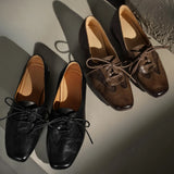 KYLETHOMASW  -  Women's genuine leather patchwork square toe lace-up flats loafers high quality soft comfortable casual female daily shoes woman